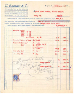1928 BERGAMO Via XX Settembre 37 - G. BONZANI & C. Scampoli e tessuti - Fattura Fattura commerciale d'epoca dattiloscritta, su carta intestata.Presente marca da bollo.PAGINE: 1 POOR/danneggiato piegature d'epoca; gualciture Formato: 22x28 cm originale e autentica 1