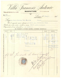 1927 LECCO Piazza XX Settembre 11 - Francesco Antonio VILLA Manifatture *Fattura