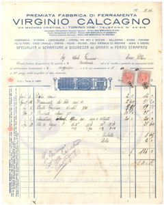 Documento originale, autentico 1927 TORINO Via Madama Cristina 11  Virginio CALCAGNO Ferramenta  Fattura 1