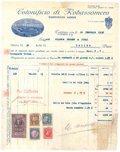 1938 TORINO Cotonificio di ROBASSOMERO - Giovanni LOSA ^Fattura DANNEGGIATA