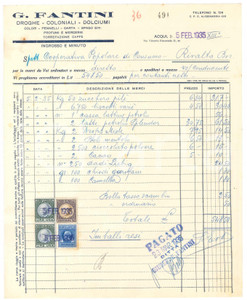 1935 ACQUI TERME (AL) - G. FANTINI Droghe Coloniali Dolciumi - Fattura (1)