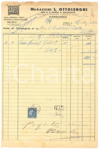 1933 ACQUI TERME (AL) - Magazzini L. OTTOLENGHI Tessuti - Nota di consegna Nota di consegna d'epoca manoscritta, su carta intestata.Presente marca da bollo.PAGINE: 1 POOR/danneggiato piegature d'epoca; piccoli fori da spillatura; fioriture; ingiallimenti; strappi marginali; brunitura al lato superiore Formato: 21x31 cm originale e autentica 1
