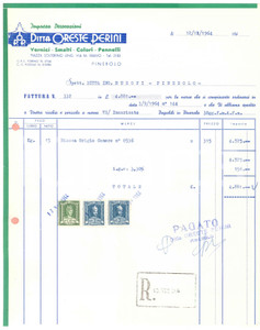 1964 PINEROLO Piazza Solferino - Ditta Oreste PERINI Vernici - Fattura 22x27
