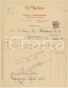 1929 TORINO Piazza Castello - G. MIEDICO Drapperie inglesi - Fattura