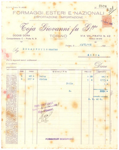 1931 TORINO Via Valprato 42 - Giovanni TOJA fu Giuseppe *Fattura (3) DANNEGGIATA