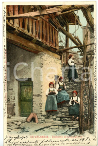 Cartolina originale da collezione 1903 CRAVAGLIANA Giovani filatrici in costume tradizionale Cartolina ILLUSTRATA 1