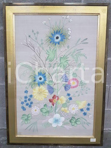 1975 CINA VINTAGE Composizione fiori azzurro giallo - quadro 67,5 x 95,5 cm