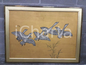 1975 CINA VINTAGE Stormo di oche selvatiche in volo - quadro 107,5 x 79,5 cm