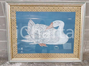 1975 CINA VINTAGE Oca accovacciata becco rivolto sx - quadro 82 x 102 cm