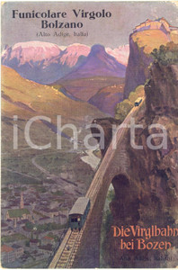 1920 ca BOLZANO Funicolare del VIRGOLO - Cartolina pubblicitaria ILLUSTRATA  Raro cartoncino pubblicitario, con pregevole illustrazione a colori.CONDIZIONI: POOR (carta lenta, lembi parzialmente distaccati)FORMATO: 9x14 cm    originale e autentica 1