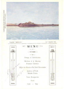 1922 Compagnie Belge Maritime du CONGO Paquebot ANVERSVILLE *Menu diner vintage  Men&ugrave; d'epoca, su cartoncino e in formato biglietto, per la data del 7 gennaio 1922.Illustrazione "Festish rock (Fleuve Congo)".Programma del concerto al versoCONDIZIONI: FAIR (lievi piegature angolari)FORMATO: 14x20 cm (aperto)    originale e autentica 1