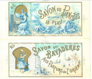 1890 ca FRANCE Savon des Pianistes - Savon des Bayadères - RARE Chromo labels  Pregevole coppia di etichette pubblicitarie d'epoca, originali, in forma di prova di stampa.CONDIZIONI: G (ma macchie e lievi abrasioni al verso)FORMATO: 21x19 cm    originale e autentica 1