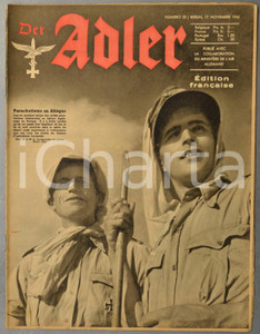 1942 WW2 DER ADLER Luftwaffe de la Carélie au Caucase - Parachutistes en Afrique  Rivista d'epoca, riccamente illustrata b/n.Si tratta dell'edizione francese della rivista dell'aviazione della Germania nazista.17 Novembre 1942, n&deg; 23CONDIZIONI: G (lievi tracce d'uso)FORMATO: 24x31 cmPAGINE: 22    originale e autentica 1