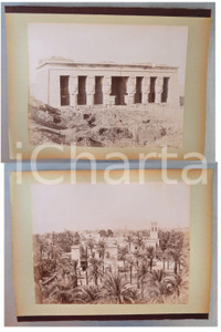 1880 ca EGYPTE - Adelphoi ZANGAKI - Temple Athor Denderah - Assiout *2 photos Coppia di fotografie originali d'epoca, stampate all'albumina e montate sui due lati di un cartoncino rigido (telato a un margine).Le fotografie recano didascalia, numero e firma al negativo. Didascalie originali: - "n&deg; 732 Exterieur temple Athor Denderah" - "n&deg; 646 Assiout"FOTOGRAFO: George e Constantinos Zangakis (Adelphoi Zangaki)CONDIZIONI: F (piccoli residui sulla foto 732; piccolo taglio ricomposto sulla 646, lato superiore)FORMATO: 35x27 cm (cartoncino); 22x28 cm (fotografie)    originale e autentica 1