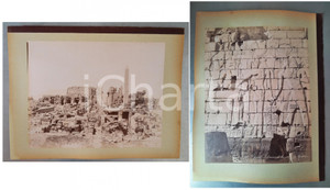 1880 ca EGYPTE - Adelphoi ZANGAKI - KARNAK Ruines - Salle Touthmes - 2 photos Coppia di fotografie originali d'epoca, stampate all'albumina e montate sui due lati di un cartoncino rigido (telato a un margine).Le fotografie recano didascalia, numero e firma al negativo. Didascalie originali: - "n&deg; 685 Karnak Ruines L'obelisque de Touthmes et de sa fille Hatasou"- " n&deg; 958 Karnak Int&eacute;rieur de la salle de Touthmes"FOTOGRAFO: George e Constantinos Zangakis (Adelphoi Zangaki)CONDIZIONI: GFORMATO: 35x27 cm (cartoncino); 22x28 cm (fotografie)    originale e autentica 1