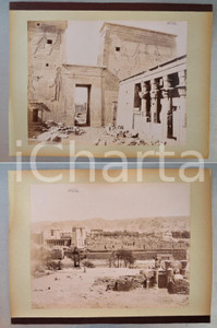 1880 ca EGYPTE - Adelphoi ZANGAKI - PHYLAE Temple d'Isis - Vue *2 photos Coppia di fotografie originali d'epoca, stampate all'albumina e montate sui due lati di un cartoncino rigido (telato a un margine).Le fotografie recano didascalia, numero e firma al negativo. Didascalie originali: - "n&deg; 740 Phylae Temple d'Isis Interieur du premier pylon" - "Phylae vue"FOTOGRAFO: George e Constantinos Zangakis (Adelphoi Zangaki)CONDIZIONI: GFORMATO: 35x27 cm (cartoncino); 22x28 cm (fotografie)    originale e autentica 1