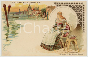 1910 ca LES DENTELLES - VENISE - Le Grand Canal - Postcard CHOCOLAT LOMBART  Cartolina postale originale d'epoca, pubblicitaria del "Chocolat Lombart", non viaggiata. POOR/danneggiato lieve piegatura verticale; lievi fioriture e minima impressione di inchiostro al verso Formato: 14x9 cm originale e autentica 1