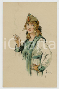1920 ca BELGIQUE Artiste J. BUSSCHE - Femme soldat avec cigarette *Carte postale Cartolina postale d'epoca, illustrata, non viaggiata. GOOD/buono minima impressione di inchiostro al verso Formato: 9x14 cm originale e autentica 1