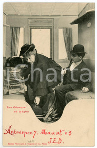 1903 HUMOUR Les gêneurs en wagon - Postcard A. BERGERET CPA (5)  Cartolina postale d'epoca, viaggiata da Anversa, appartenente alla celebre serie di Bergeret dedicata ai comportamenti che disturbano o imbarazzano in treno. GOOD/buono ma piccola impressione di inchiostro al verso Formato: 9x14 cm originale e autentica 1