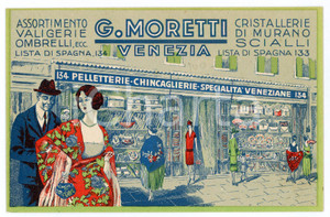 1920 ca VENEZIA Pelletterie G. MORETTI Cartoncino pubblicitario 14x9 cm  Cartoncino pubblicitario d'epoca.CONDIZIONI: FAIRFORMATO: 14x9 cm    originale e autentica 1