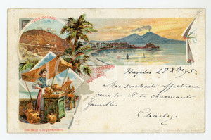 1895 NAPOLI Funicolare e venditrice d'acque minerali - Cartolina ILLUSTRATA FP  Cartolina postale d'epoca, viaggiata.CONDIZIONI: fairFORMATO: FP    originale e autentica 1