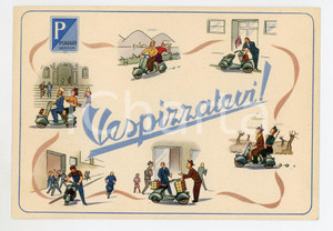 1950 ca VESPA PIAGGIO Cartolina pubblicitaria "Vespizzatevi!" *DANNEGGIATA FG NV  Cartolina postale d'epoca, non viaggiata.CONDIZIONI: VERY POOR (profonda piegatura verticale)FORMATO: FG    originale e autentica 1