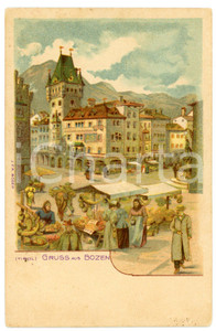 1900 ca BOLZANO / BOZEN (TIROL) Piazza con mercato - Cartolina illustrata FP NV  Cartolina postale d'epoca, non viaggiata.CONDIZIONI: GFORMATO: FPEDITORE: J.F.A. - Bozen    originale e autentica 1