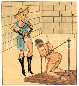 1955 ca LESBIAN BDSM Cowgirl mistress and slave - Drawing Raymond VAN DOREN Disegno originaledi Raymond Van Doren, realizzato a china e pastello su carta lucida applicata a cartoncino.FORMATO: 13x15 cmCONDIZIONI: G    originale e autentica 1