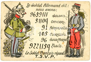 1913 WW1 - PROPAGANDE Soldat alleman et soldat francais - Carte postale FP VG  Cartolina postale, viaggiata. POOR/danneggiato Lievi smussature agli angoli, piegature agli angoli Formato: FP originale e autentica 1
