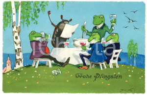1936 ANIMALS FROGS Lunch scene - Frohe Pfingsten - Anthropomorphic old postcard  Cartolina postale d'epoca, scritta ma non viaggiata.CONDIZIONI: FAIR (lievi smussature angolari e abrasioni al verso)FORMATO: FP    originale e autentica 1