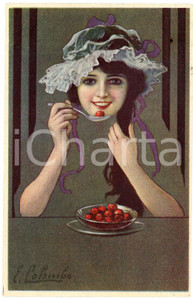1920 Artist E. COLOMBO - Girl eating cherries - Old postcard Cartolina postale d'epoca, viaggiata.FORMATO: FPCONDIZIONI: G     originale e autentica 1