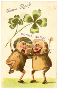 1912 BONNE ANNÉE Bouchons de champagne avec trèfle à quatre feuilles - Postcard  Cartolina postale d'epoca, viaggiata, in rilievo.Al verso timbro: Jos Lekeux - NamurActuellement Coul. du Nord n.40CONDIZIONI: GFORMATO: FP    originale e autentica 1
