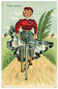 1907 FRANCE Vent arrière - Woman cycling upskirt - Vintage postcard  Cartolina postale d'epoca, viaggiata.CONDIZIONI: POOR (evidente piegatura angolare)FORMATO: FP    originale e autentica 1