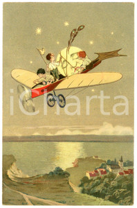1913 CHILDREN Sleeping moon and children flying on airplan - Vintage postcard  Cartolina postale d'epoca, viaggiata.CONDIZIONI: POOR (ampia piegatura all'angolo inferiore destro)FORMATO: FP    originale e autentica 1