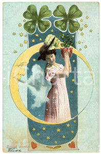 1906 BONNE ANNEE Lucky moon - Woman and four leaf clovers vase *Vintage postcard  Cartolina postale d'epoca, viaggiata.CONDIZIONI: F (sul recto &egrave; presente una leggera piegatura data dalla sovraimpressione del timbro postale; abrasioni agli angoli)FORMATO: FP    originale e autentica 1