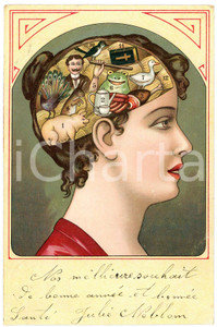 1908 FRENOLOGIA Il cervello della donna - Cartolina postale ILLUSTRATA  Cartolina postale d'epoca, viaggiata.CONDIZIONI: FAIR (piegature angolari)FORMATO: FP    originale e autentica 1