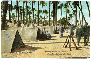 1912 TRIPOLI Accampamento tra i palmizi al confine dell'oasi - Cartolina FP VG  Cartolina postale d'epoca, viaggiata.CONDIZIONI: FAIR (piega all'angolo inferiore sinistro, smussature agli angoli)FORMATO: FP    originale e autentica 1