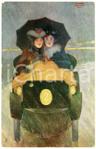 1905 Artist Raphael KIRCHNER - Women driving a car  *Postcard TUCK  Cartolina postale d'epoca, opera dell'artista e illustratore Raphael Kirchner, viaggiata. FAIR/discreto minima abrasione angolare Formato: 9x14 cm originale e autentica 1