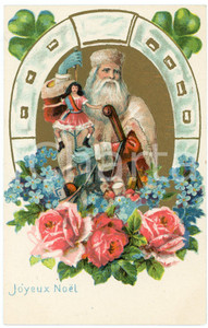 1900 ca JOYEUX NOEL Santa Claus with horseshoe  - Embossed postcard RENAUX  Cartolina postale d'epoca, non viaggiata, in rilievo.Didascalia pubblicitaria "Farine Lact&eacute;e Renaux" al verso.CONDIZIONI: G (minime piegature angolari)FORMATO: FP    originale e autentica 1