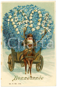 1903 - BONNE ANNÉE - Man driving a flower chariot with the inscription 1904  Cartolina postale d'epoca, viaggiata, in rilievo.CONDIZIONI: F (macchie diffuse sul lato sinistro; piccola piegatura angolare)FORMATO: FP    originale e autentica 1