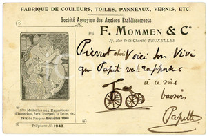 1904 BRUXELLES Rue de la charité - Fabrique de couleurs F. MOMMEN Carte postale  Cartolina postale d'epoca, viaggiata. FAIR/discreto Lievi smussature agli angoli, bruniture diffuse Formato: FP originale e autentica 1