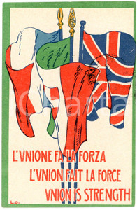 1918 TRIPLICE ALLEANZA L'unione fa la forza - Cartolina ILLUSTRATA FP VG  Cartolina postale d'epoca, viaggiata.Al verso timbro "Ambulanza Chirurgica d'Armata" e "Verificato per censura"CONDIZIONI: FAIR FORMATO: FP    originale e autentica 1