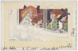 1900 ART NOUVEAU Artist Rudolf KONOPA - Woman smoking - Theatre - Postcard  Cartolina postale originale d'epoca, viaggiata.Wiener K&uuml;nstler - Postkarte XLVI-1. Philipp &amp; Kramer POOR/danneggiato piegature angolari; macchie al verso Formato: 14x9 cm originale e autentica 1