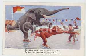 1910 ca ANIMALS Artist R. GORIS Monkeys and elephant skating on ice - Postcard FP  Cartolina postale d'epoca, non viaggiata.CONDIZIONI: FAIRFORMATO: FP    originale e autentica 1