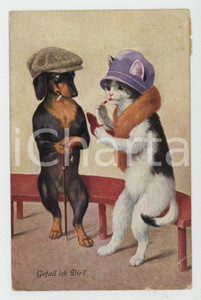 1935 CATS - DOGS - Gefall ich Dir? - Anthropomorphic postcard  Cartolina postale d'epoca, viaggiata.CONDIZIONI: P (piegatura angolare evidente)FORMATO: FP    originale e autentica 1