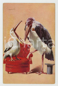 1920 ca ANIMALS Maribu and pelican - ANTHROPOMORPHIC Postcard PELUBA 277  Cartolina postale d'epoca, non viaggiata.CONDIZIONI: FAIRFORMATO: FP    originale e autentica 1