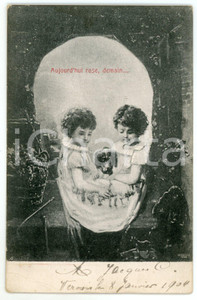 1904 SURREALISM Aujourd'hui rose, demain - Children - Skull Metamorphic postcard  Cartolina postale d'epoca, viaggiata. GOOD/buono  Formato: 9x14 cm originale e autentica 1
