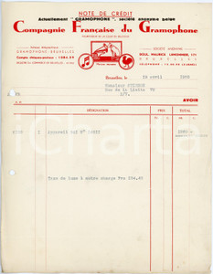 1938 BRUXELLES Compagnie Française du Grammophone - Note de crédit / Letterhead Nota di credito su carta intestata illustrata.CONDIZIONI: P (fori da classificatore al lato sinistro, minimi strappi al lato inferiore e piegature d'epoca)PAGINE: 1      originale e autentica 1