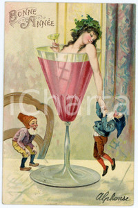 1908 BONNE ANNÉE Nymphe ivre et gnomes - Embossed postcard FP VG  Cartolina postale d'epoca, viaggiata.CONDIZIONI: FAIR FORMATO: FP    originale e autentica 1