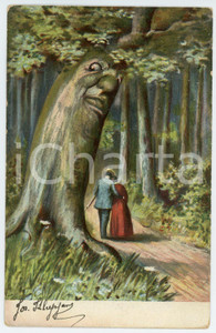 1905 LOVERS Curious tree observing a couple - ILLUSTRATED Postcard FP VG  Cartolina postale d'epoca, viaggiata.CONDIZIONI: FAIRFORMATO: FP    originale e autentica 1